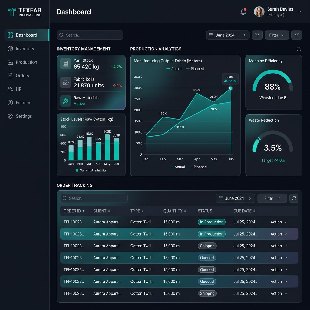 أقسام نظام Cloud Tex المتكاملة وتشمل أتمتة طلبات البيع وإدارة المشتريات والمستودعات النسيجية وبوت التلغرام
